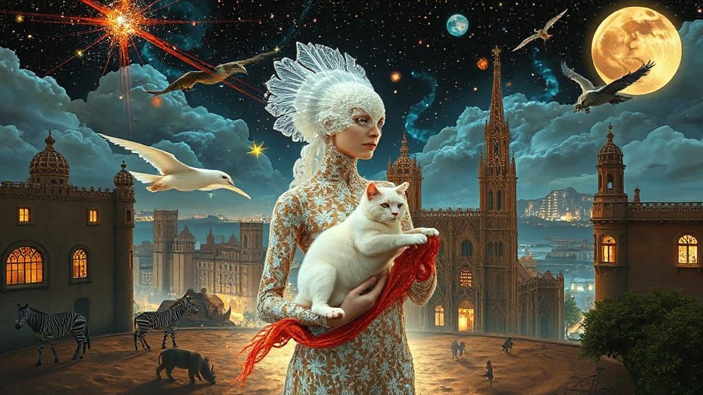 Ethereal Bird-Headed Woman in Gaudí Cityscape