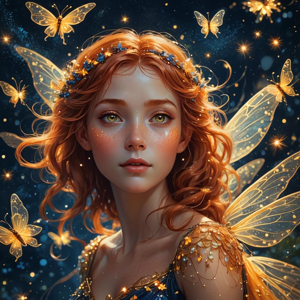 Auburn Fairy in Bioluminescent Night Sky