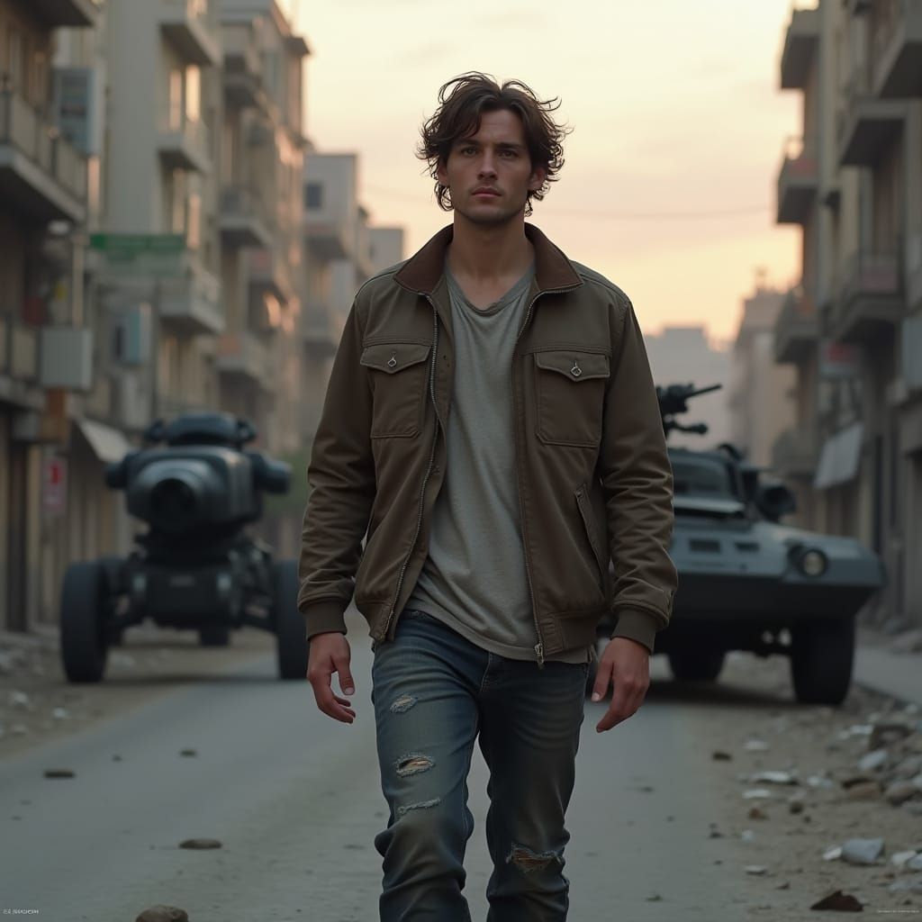 Hyper Realistic Man in Dystopian City Street