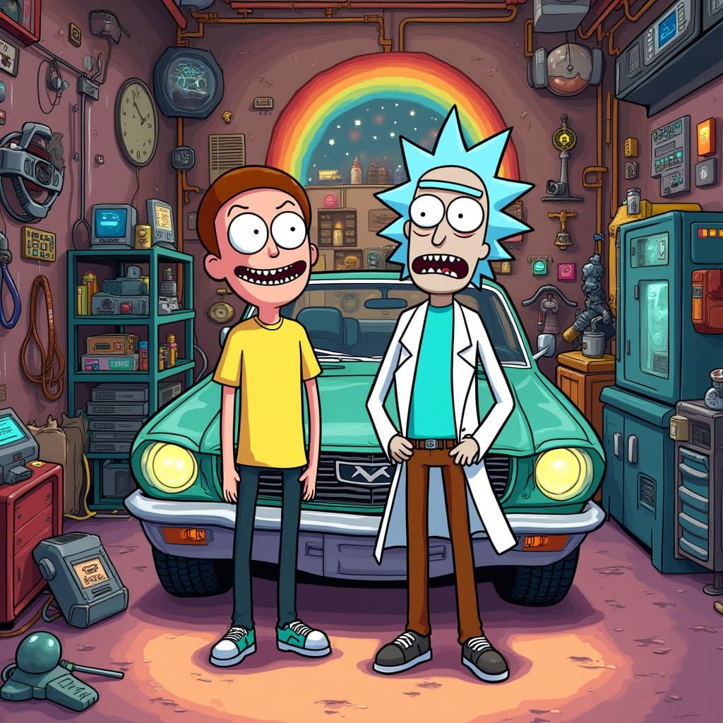 Rick and Morty in Sci-Fi Garage: Cartoon Style