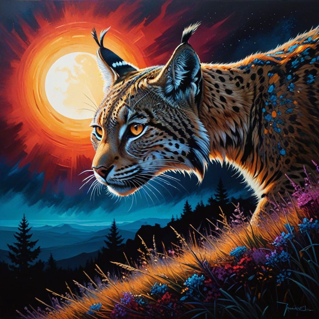 Bold Moody Acrylic Painting with Lynx and Mysterious Figure