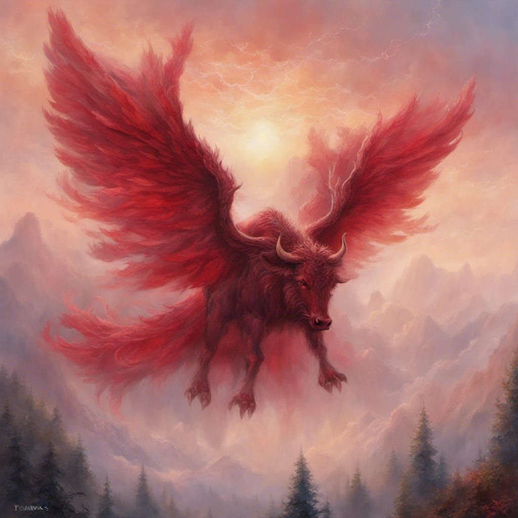 Ethereal Red Winged Bull in Fantasy Landscape