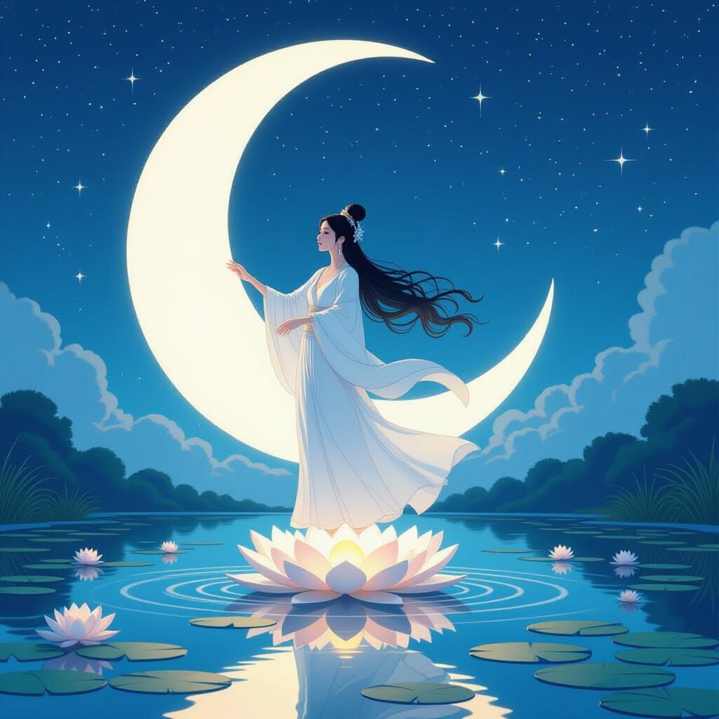 Goddess with Moon Lantern Above Lotus Pond