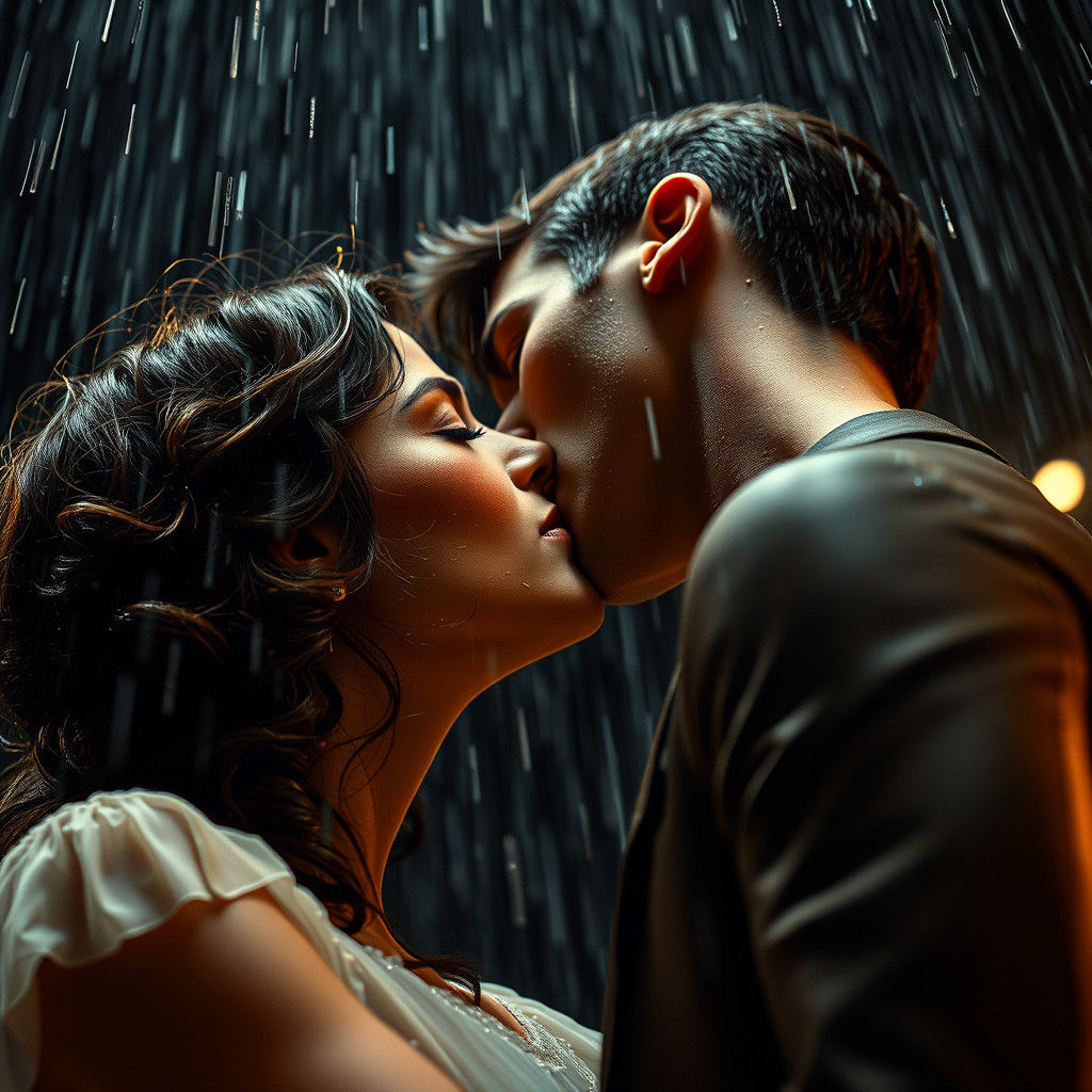 Romeo and Juliet Kissing Passionately in the Rain