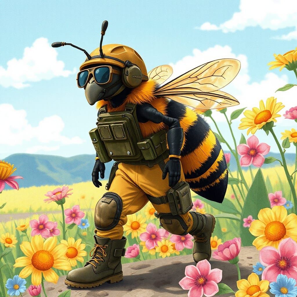 Tactical Bee Patrols Floral Landscape in Ghibli Style