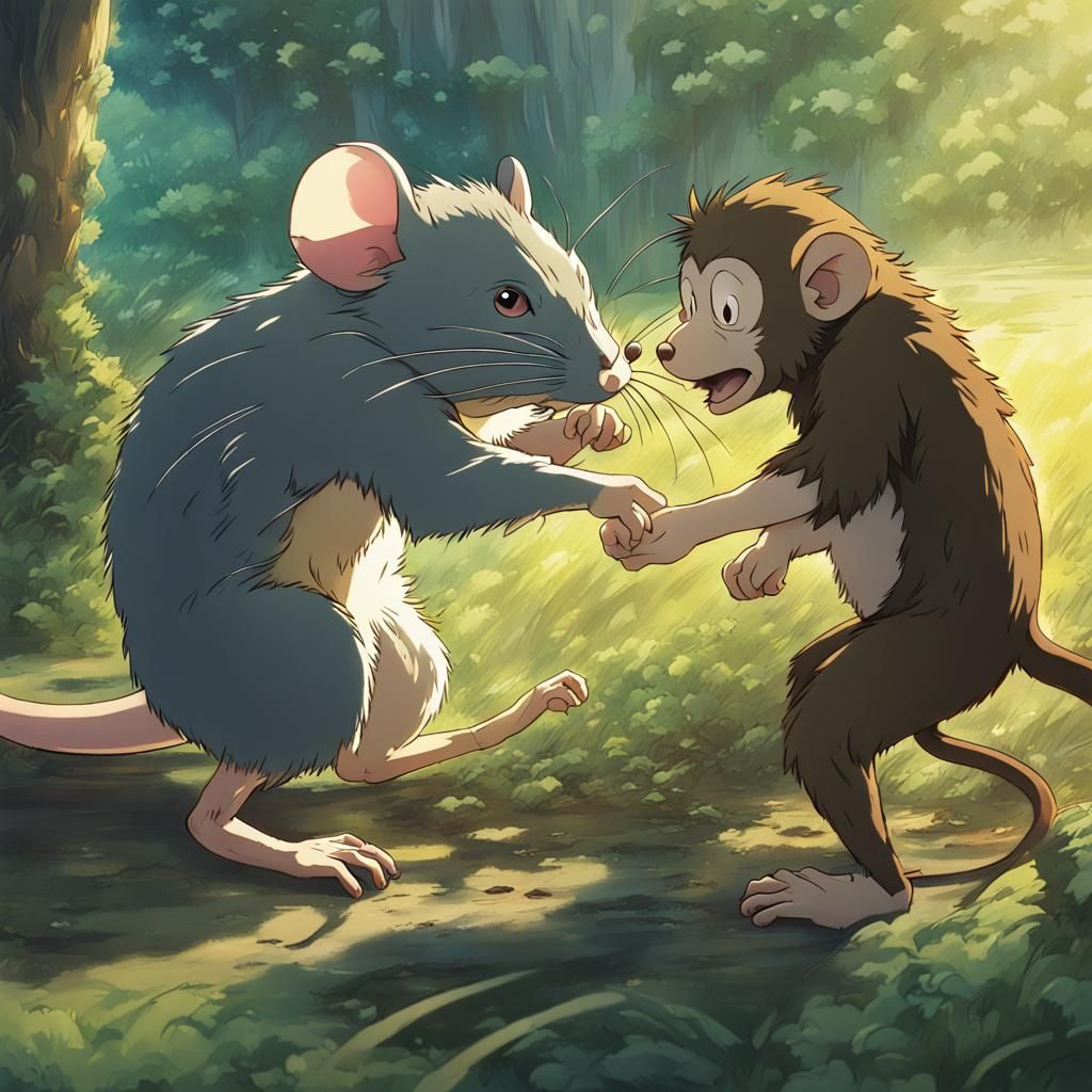 Anime Rat Monkey Fight: Ghibli-esque Key Visual