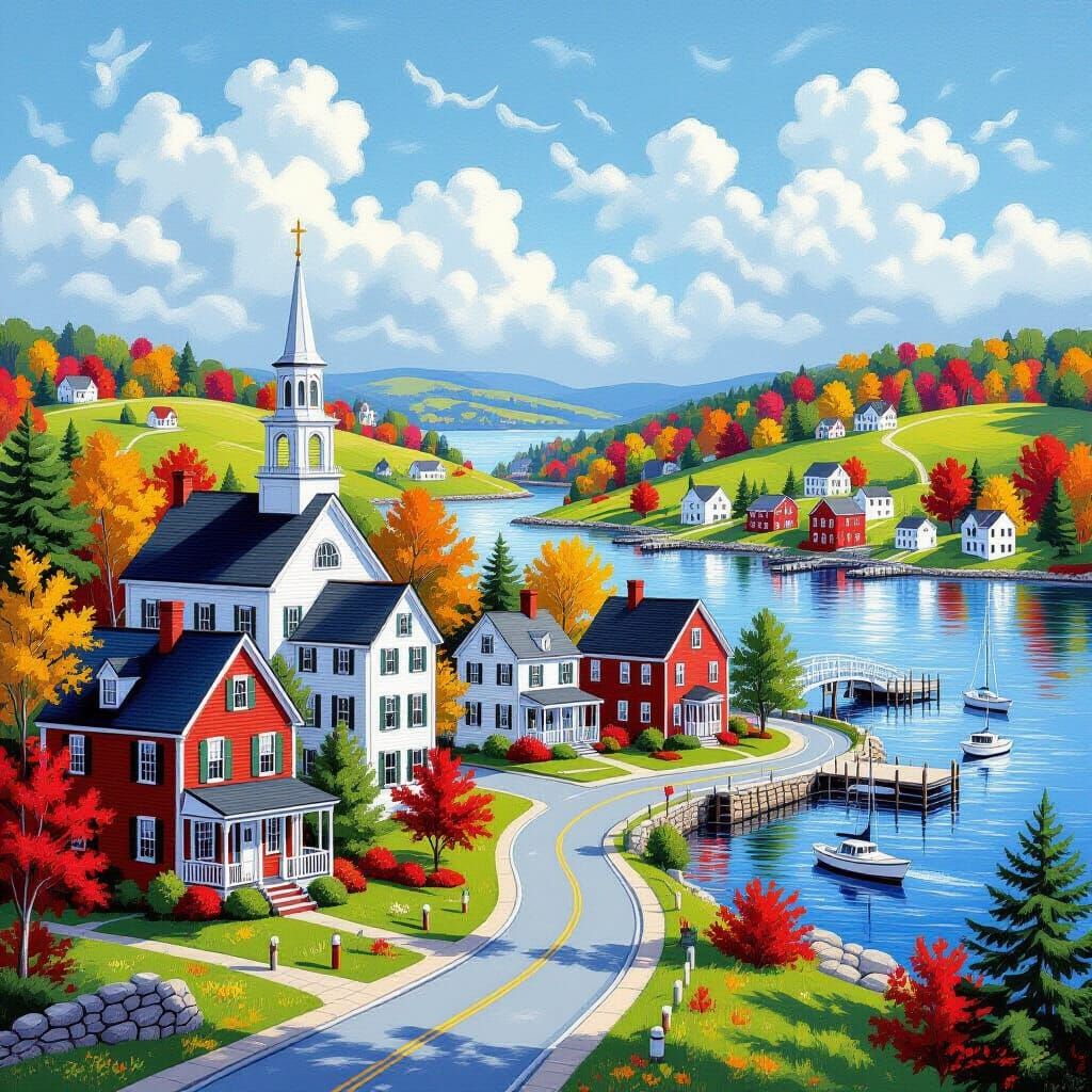 New England Village in Vivid Landscape