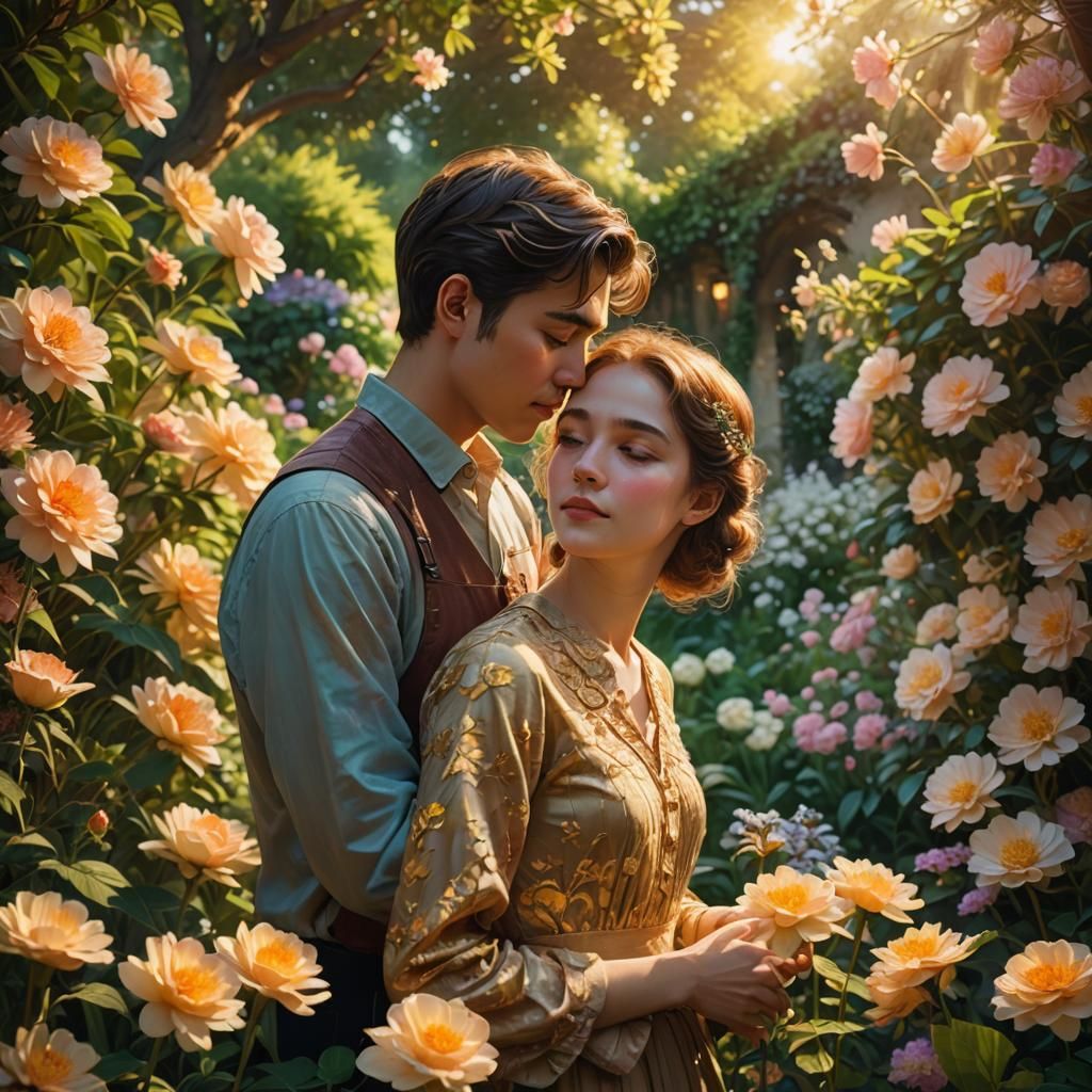 Romantic Garden Scene in Neo-Impressionism Style