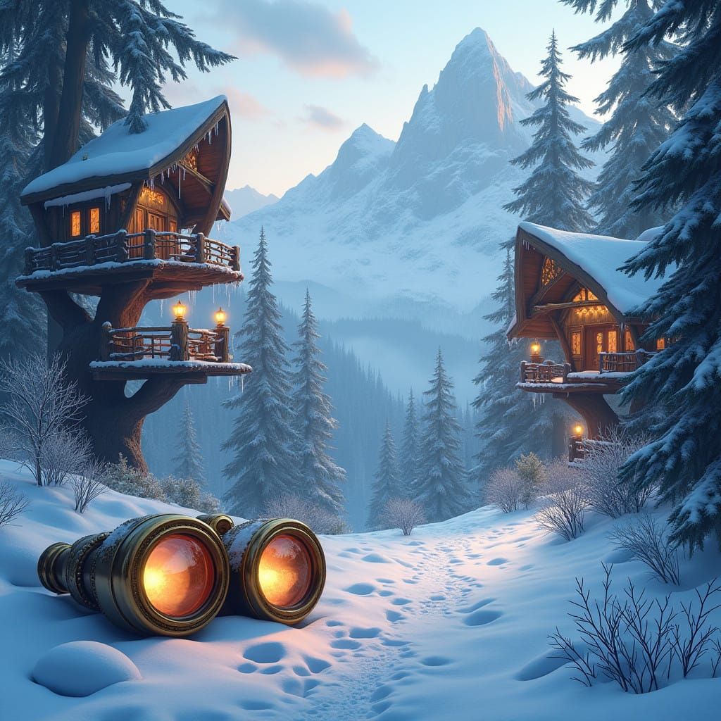 Snowy Mountain Landscape with Twinkling Treehouses and Binoc...