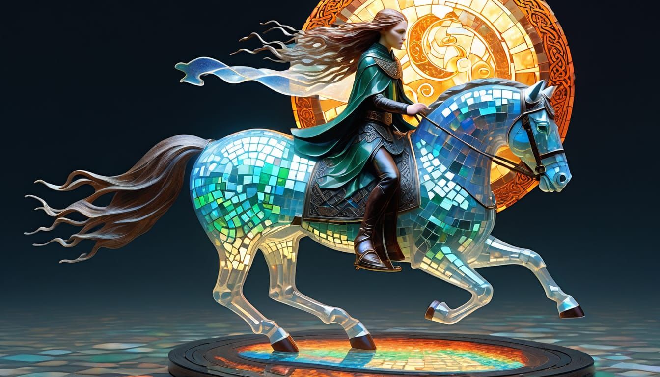 Celtic Princess Rides Holographic Horse in Surreal Style
