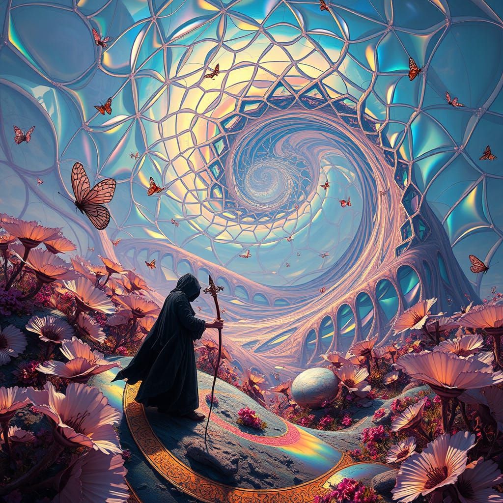 Surreal Landscape with Iridescent Elastic Flora and Metallic...