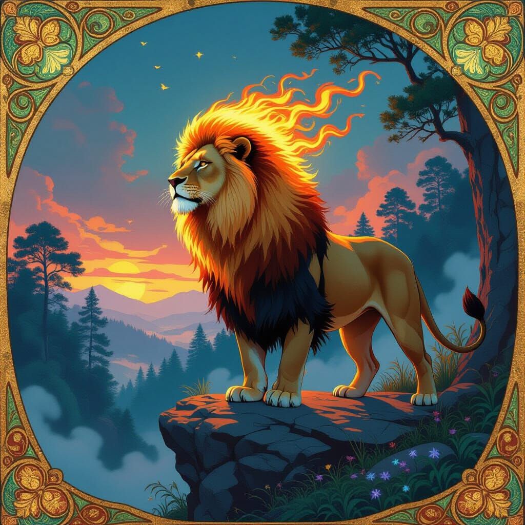 Fiery Lion Overlooks Bioluminescent Forest