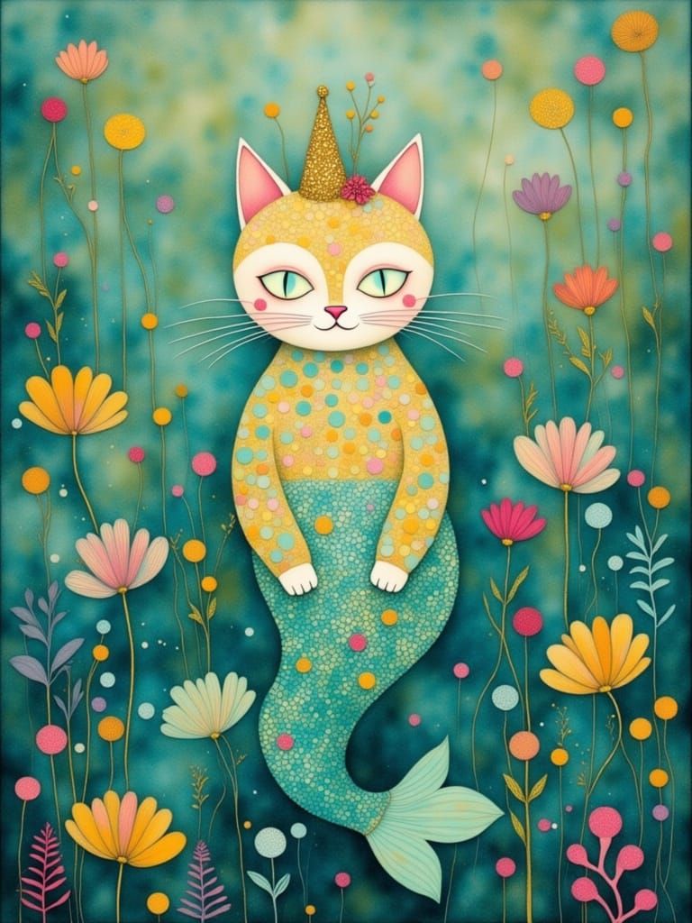 Whimsical Cat Mermaid in a Dreamlike Fantasy World