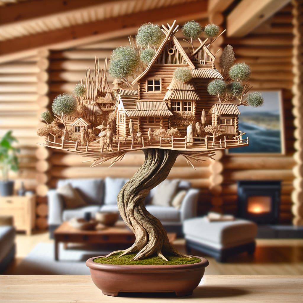 Bonsai Willow Tree with Miniature Tribal Village