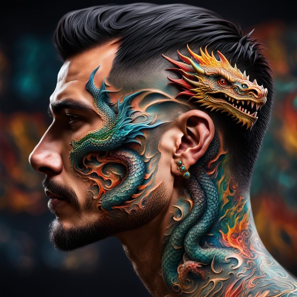 3d color dragon tattoo on Latin guy very detailed