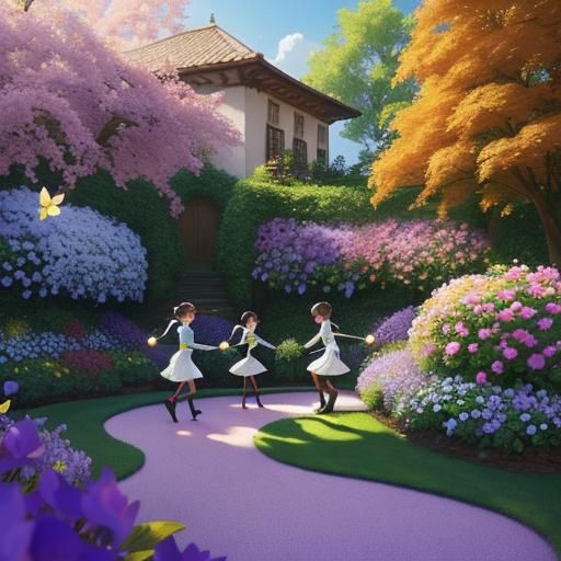 Children Playing Jump Rope in a Whimsical Garden, Enchanting...