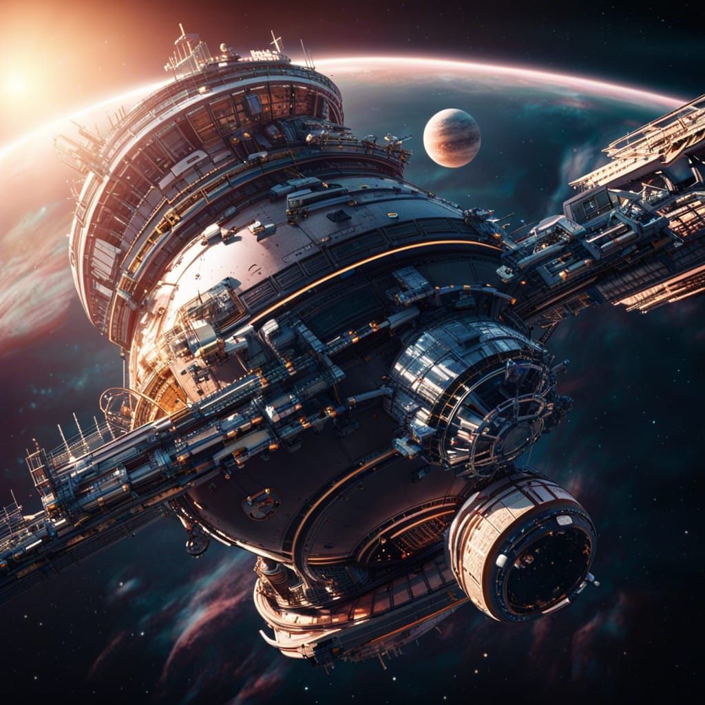 Futuristic Space Station Orbiting Jupiter at Sunrise