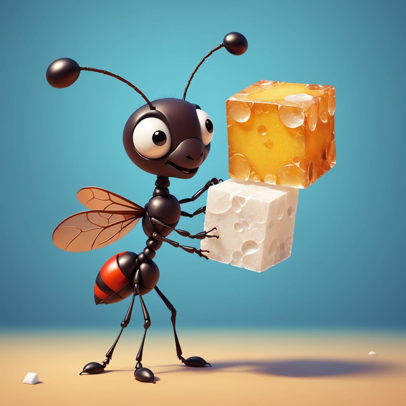Whimsical Cartoon Ant Delights with Colorful Sugar Cube