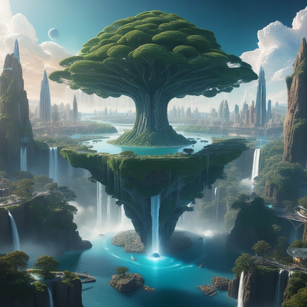 Futuristic City on Cosmic Tree Rock with Waterfalls