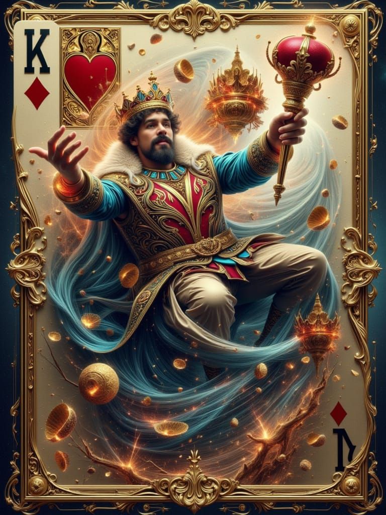 Steampunk King Leaps from Playing Card in Watercolor Style
