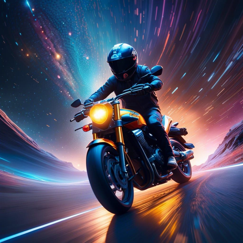 Motorcycle Rides Cosmic Wave of Starlight: Hyperrealistic Il...