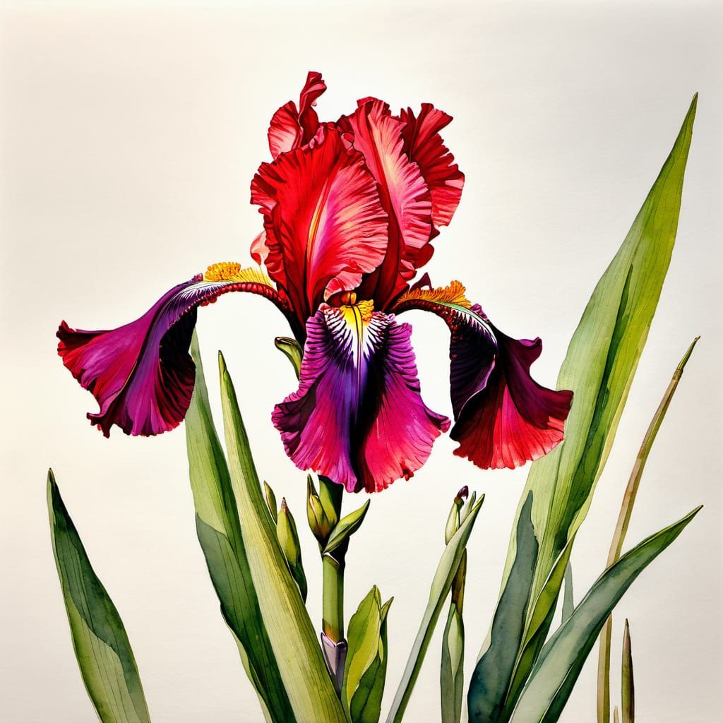 Red Bearded Iris in Pen, Ink, and Watercolour