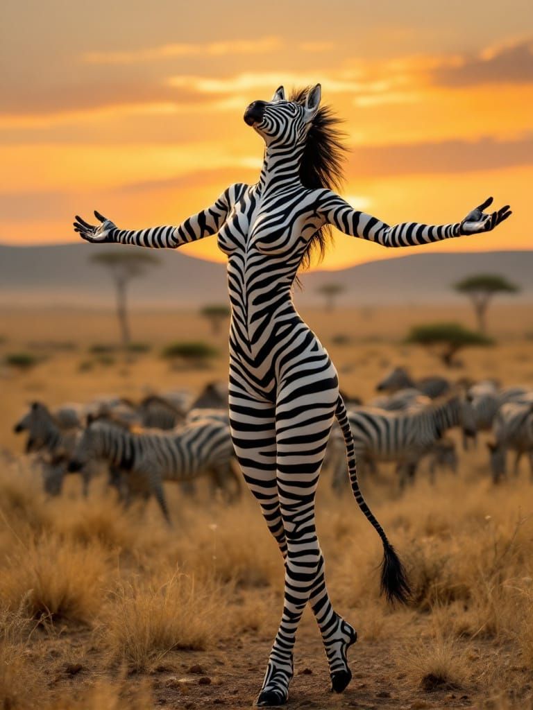 Zebra-Humanoid Figure on the African Savanna
