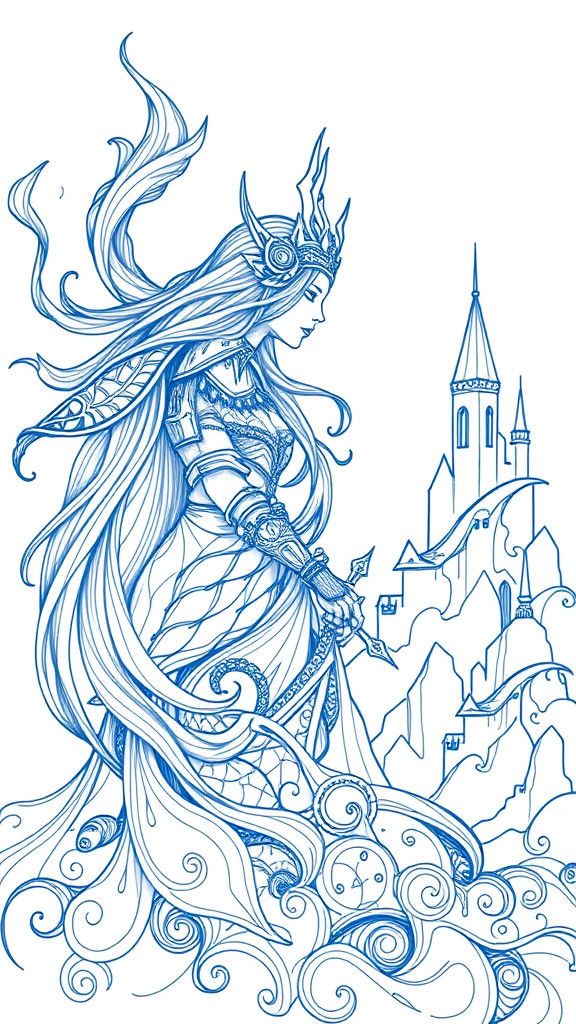 Futuristic Kingdom Doodle: Warrior Queen in Blue Ink