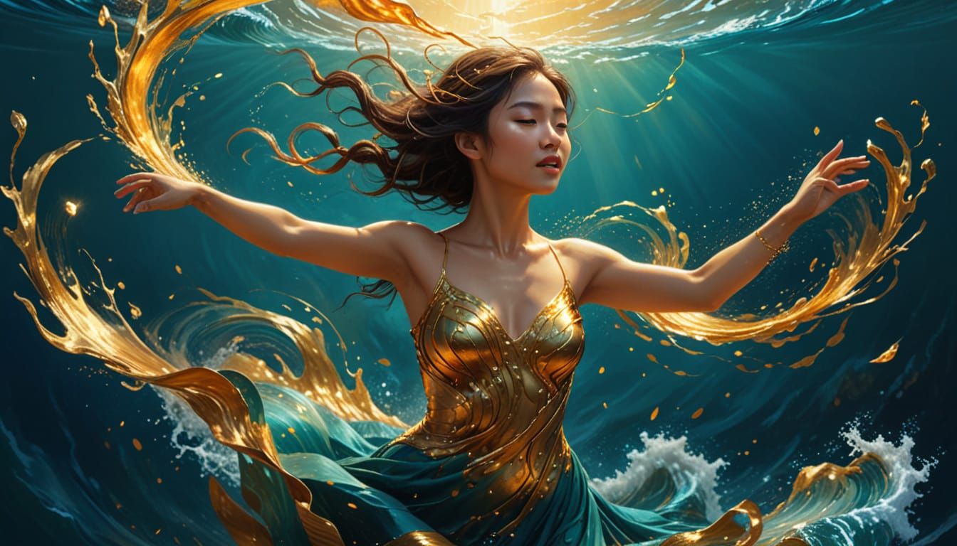 Asian Dancer Emerges from Golden Waves: Fantasy Oil Painting