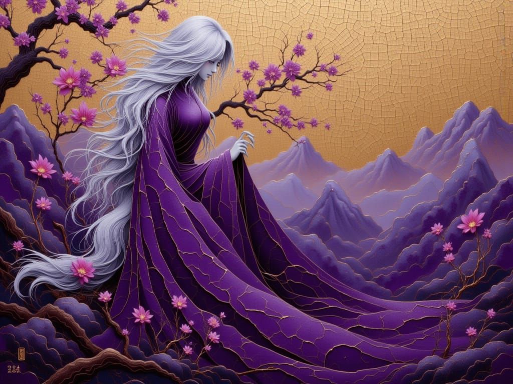 Elegant Purple Cat in Vietnamese Lacquer Art Style