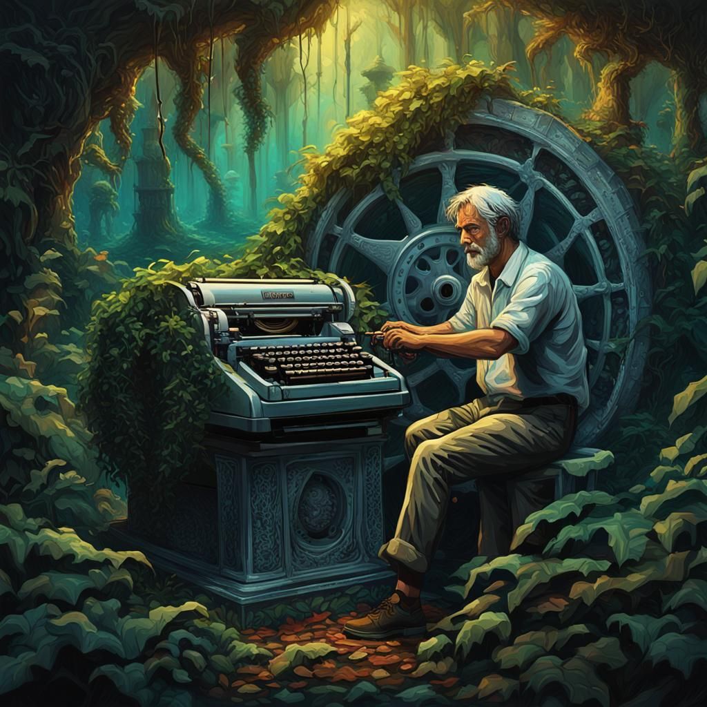 Cannibal Typist in Jungle Night: Hyperrealistic Neon Art