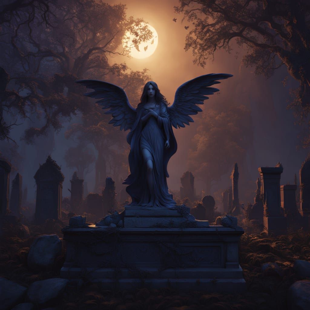Gothic Angel Statue in Twilight Graveyard