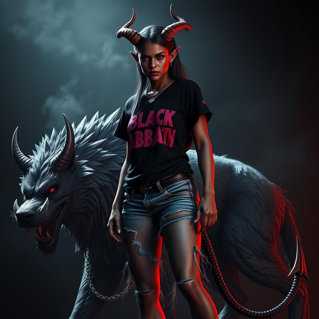 Hellish Demon with Hellhound in Dramatic Lighting