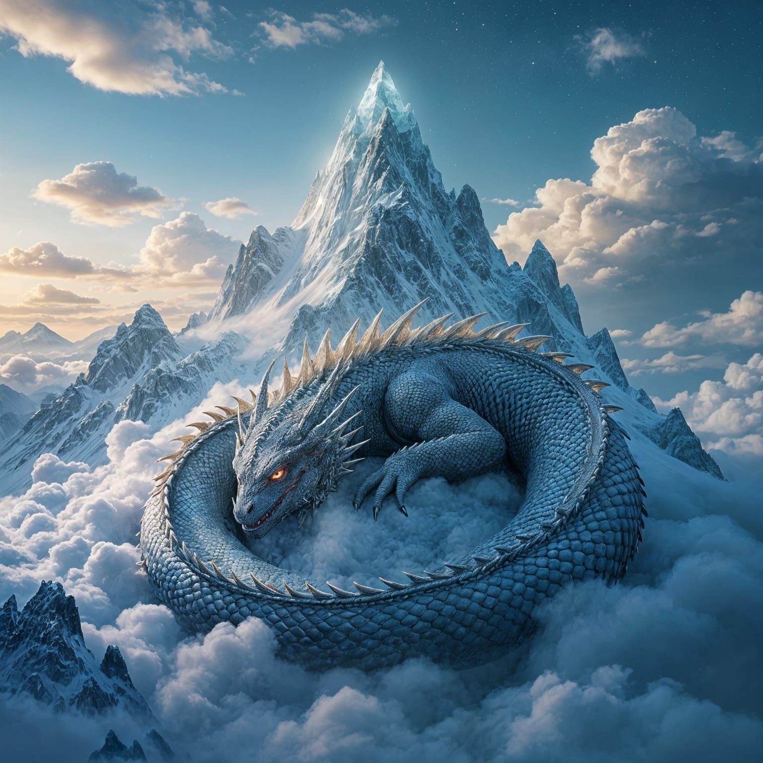 Ancient Dragon Sleeps on Crystalline Mountain Peak