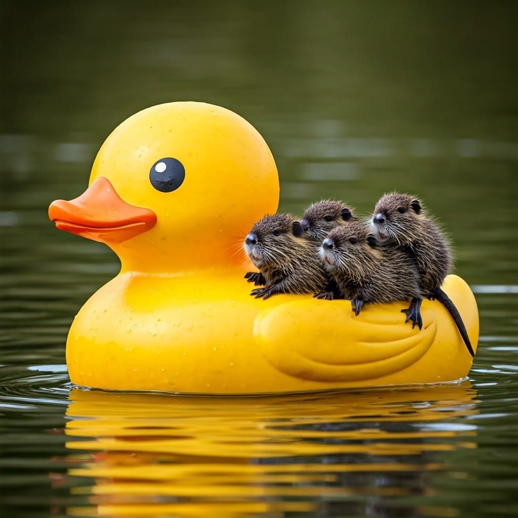 Nutrias on a Rubber Ducky on a Sunny Lake