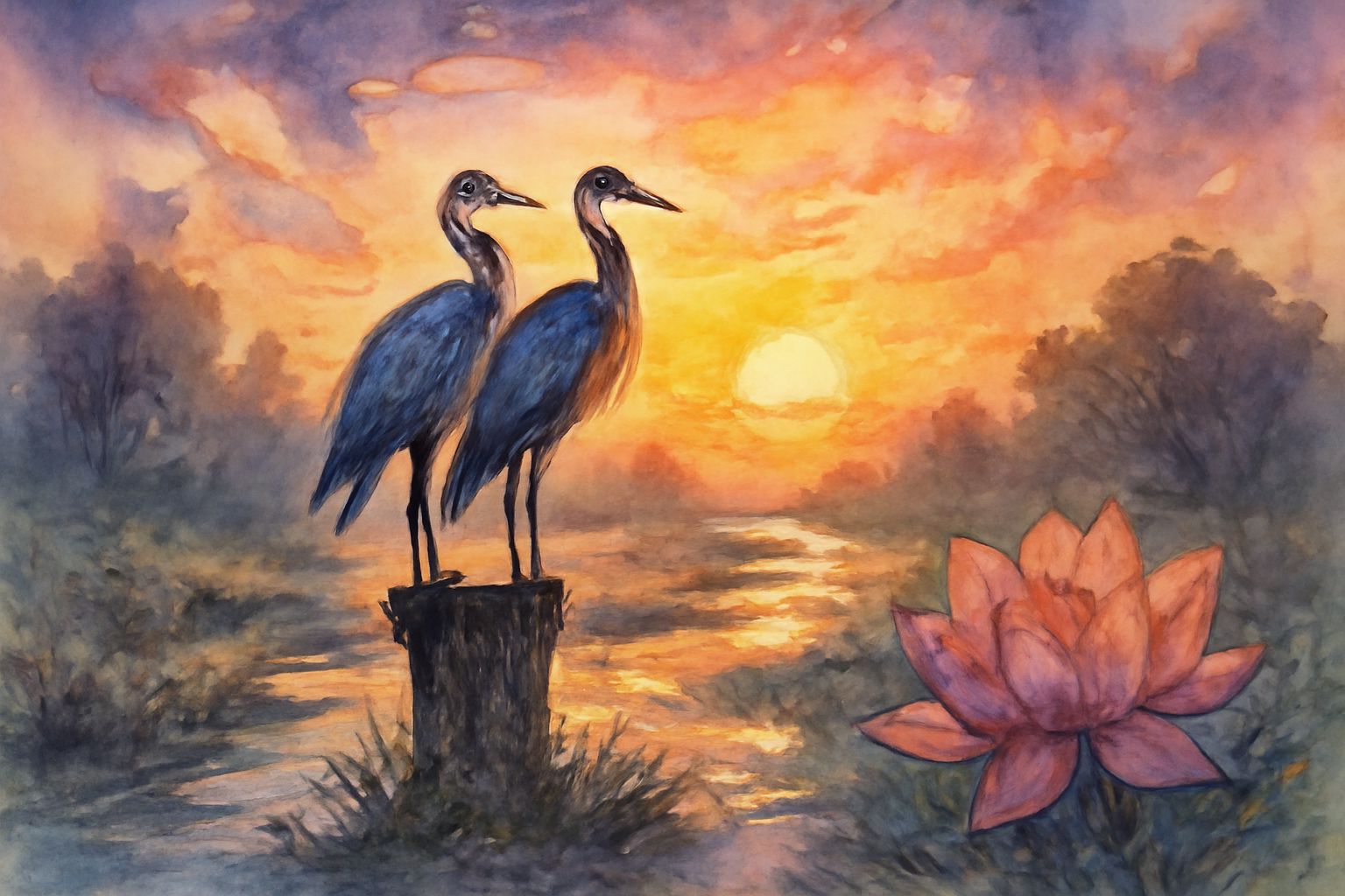 Mystical Sunrise Over Creek with Cranes and Flowers