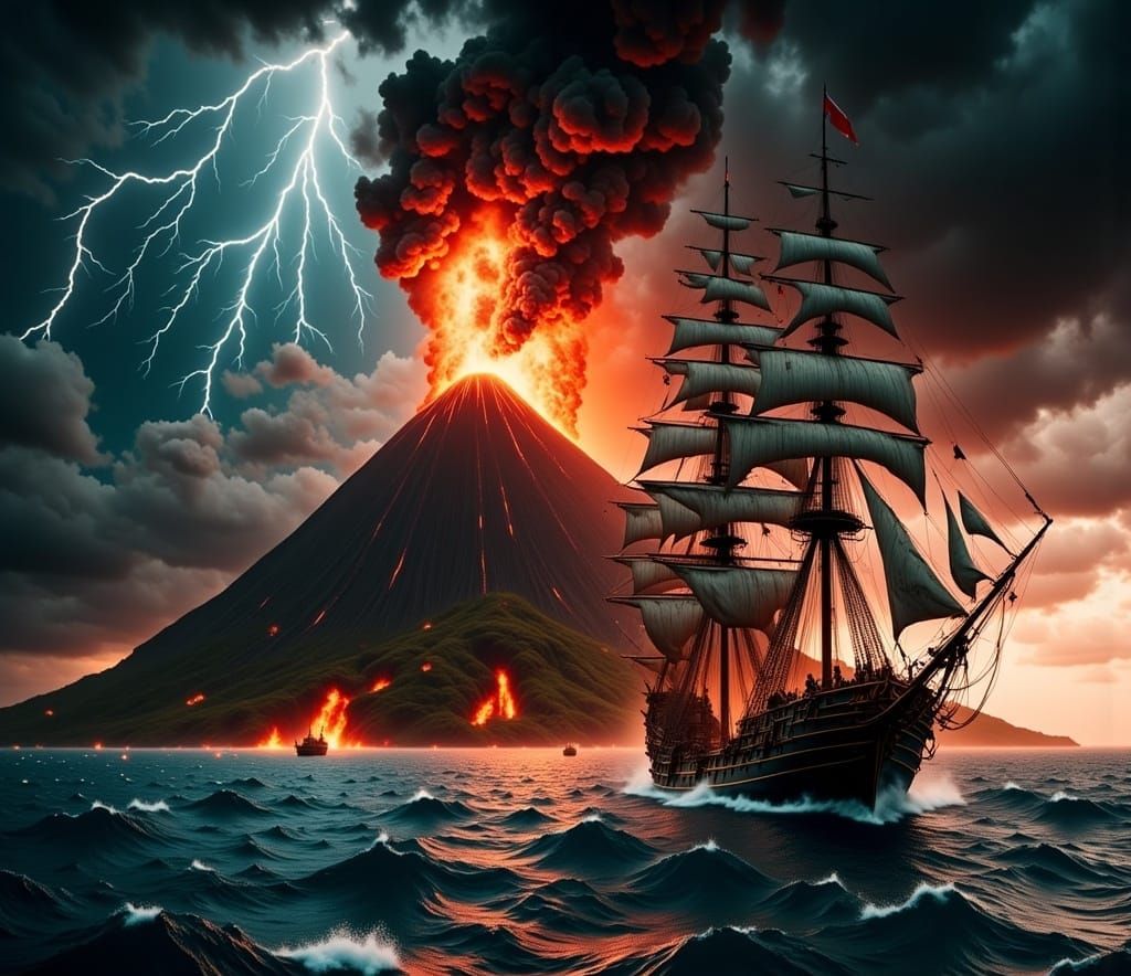 Tall Ship Sails Past Erupting Volcano