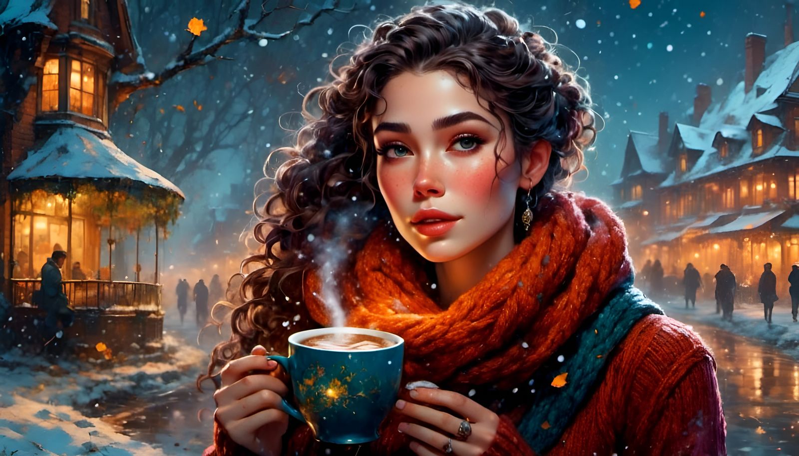 Woman Sipping Hot Chocolate in Snowfall