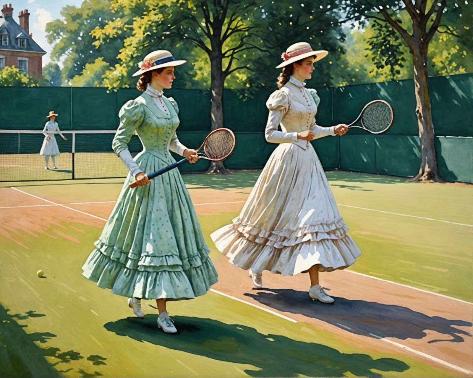 Victorian Women Play Tennis in Impressionistic Watercolor