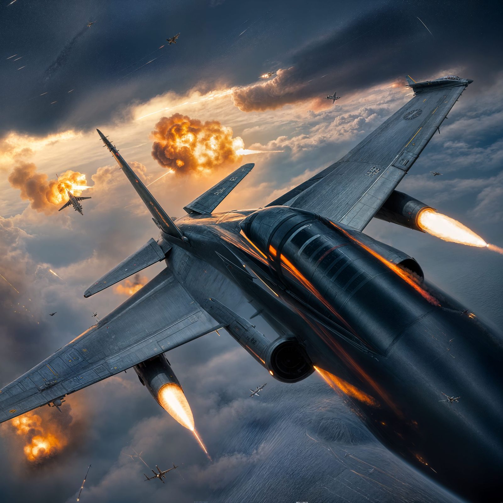 Fighter Plane in Battlefield with Explosions