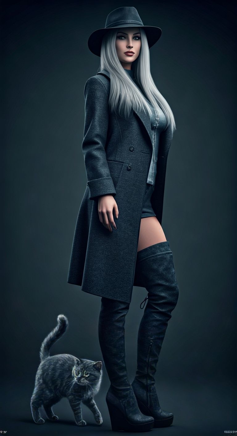 Hyperrealistic Cat-Eyed Woman in Grey Outfit