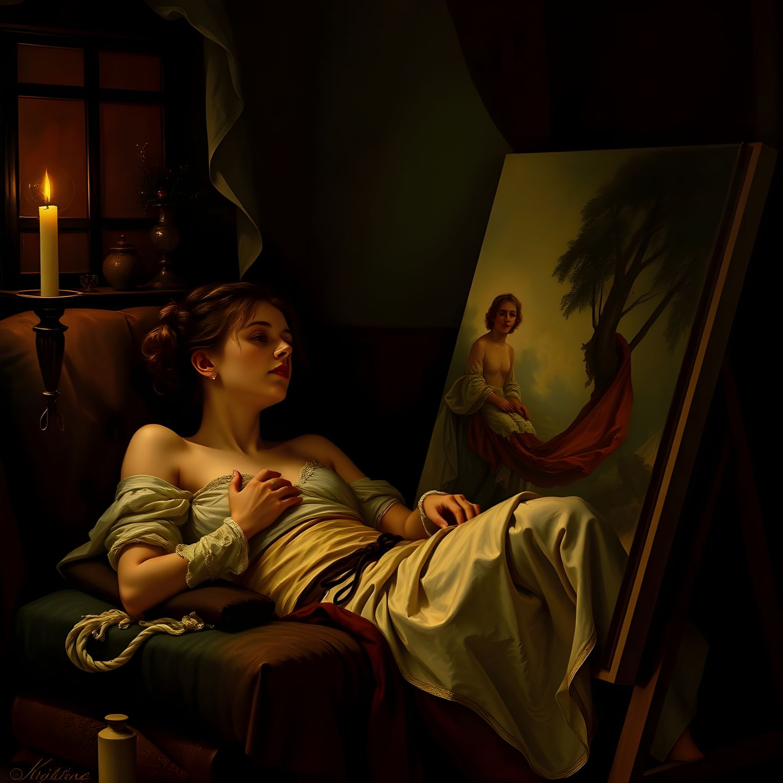 The woman artist paints in  dim candlelit