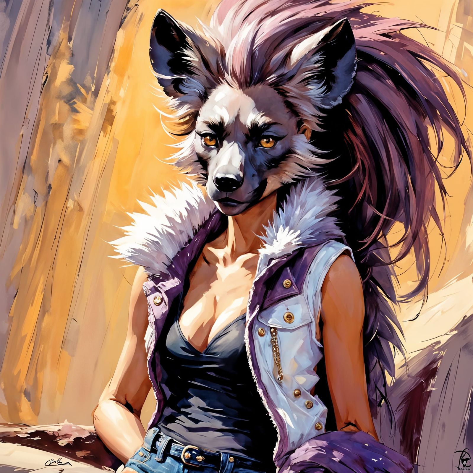 Dark Fantasy She-Hyena in Oil-Pastel Style