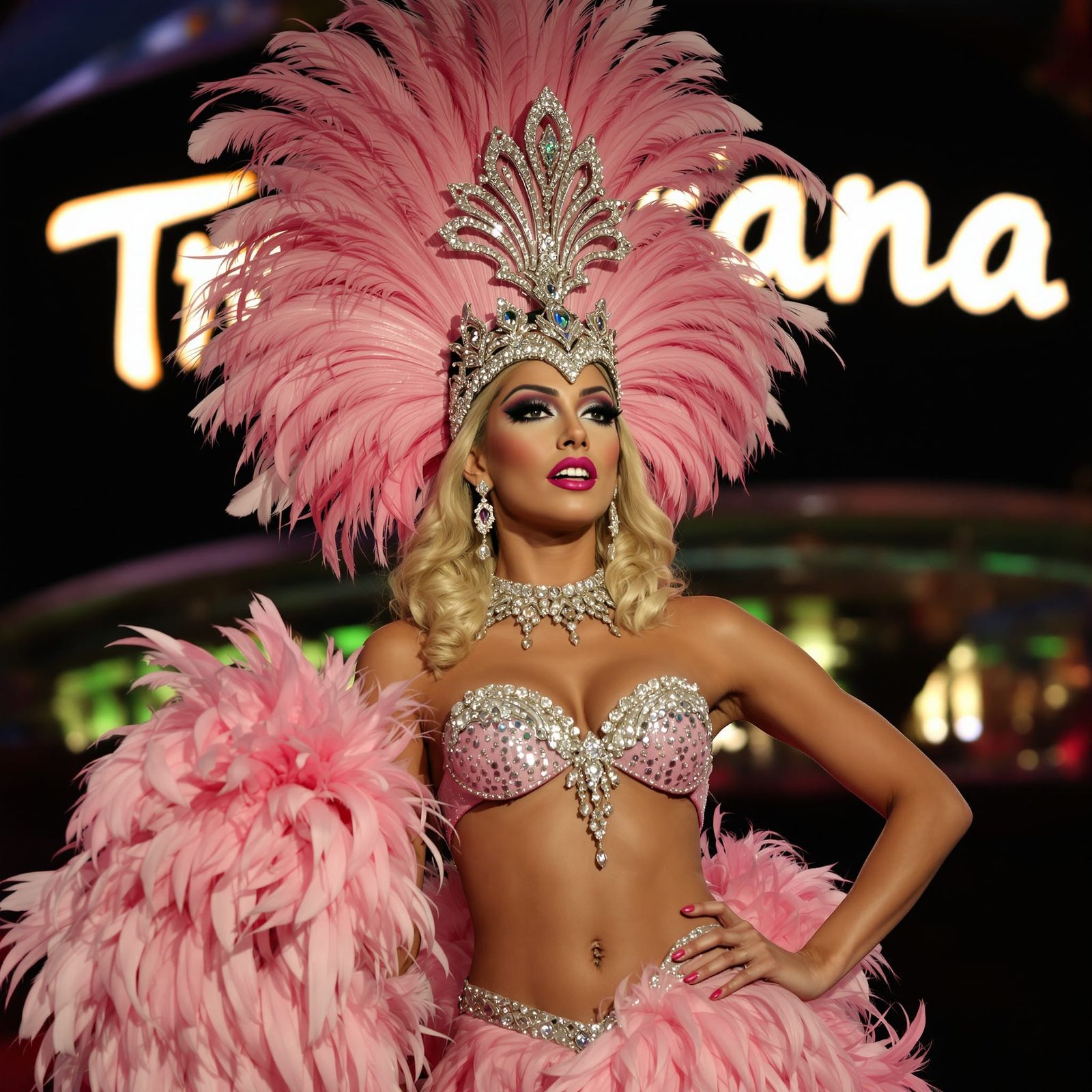 A Las Vegas showgirl on a stage with a pink feathered headdr...