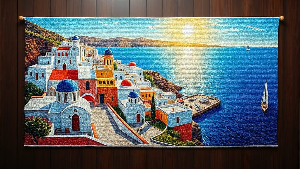 Shimmering Greek Coastal Tapestry in Golden Light