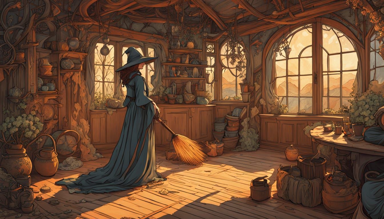 Enchanting Witch Sweeping Cottage Floor in Art Nouveau Style