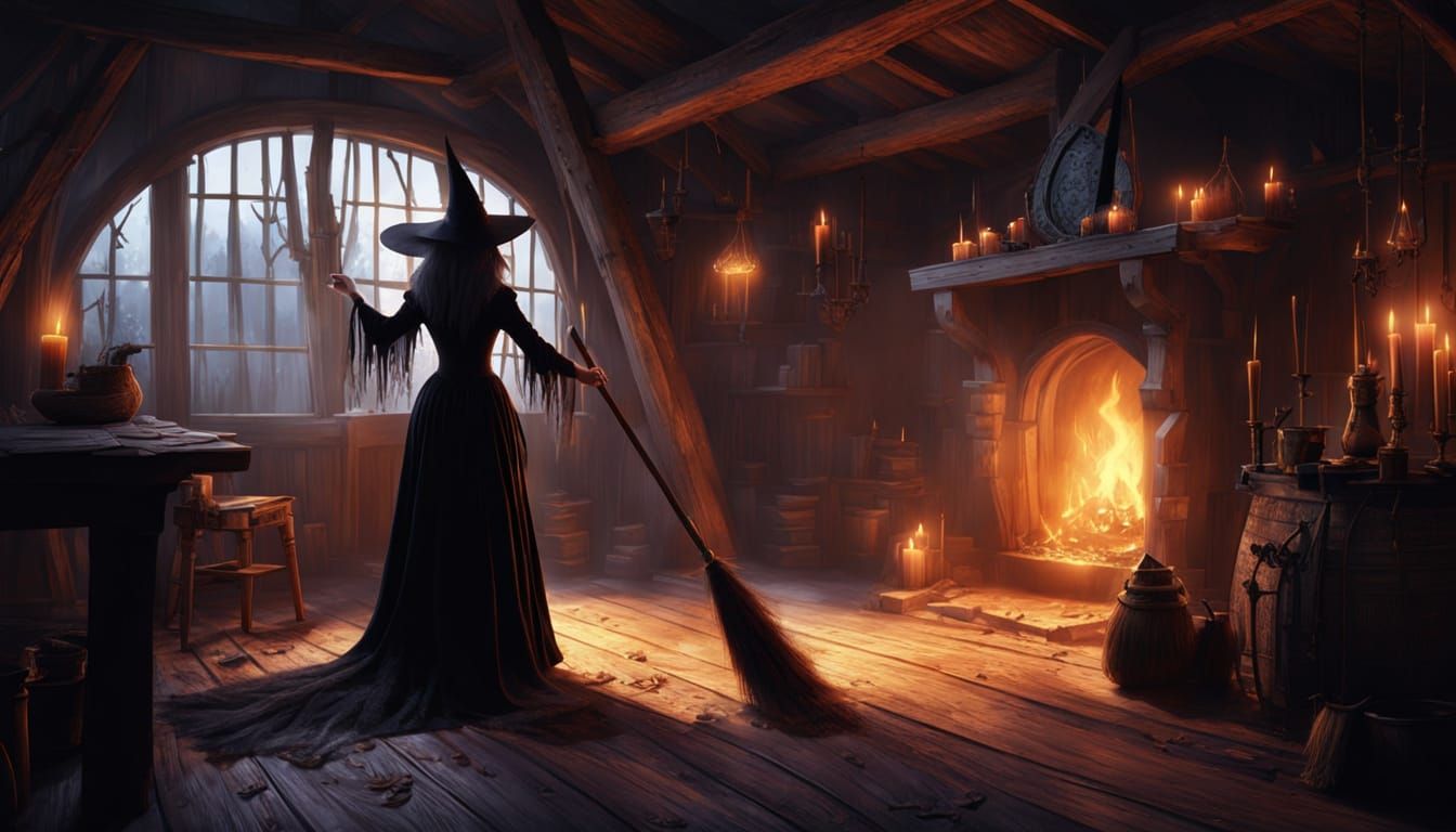 Gothic Witch Sweeping Rune Broom in Eerie Cottage