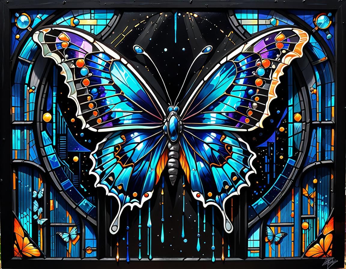 Cyberpunk Stained Glass Butterfly in Matrix Style