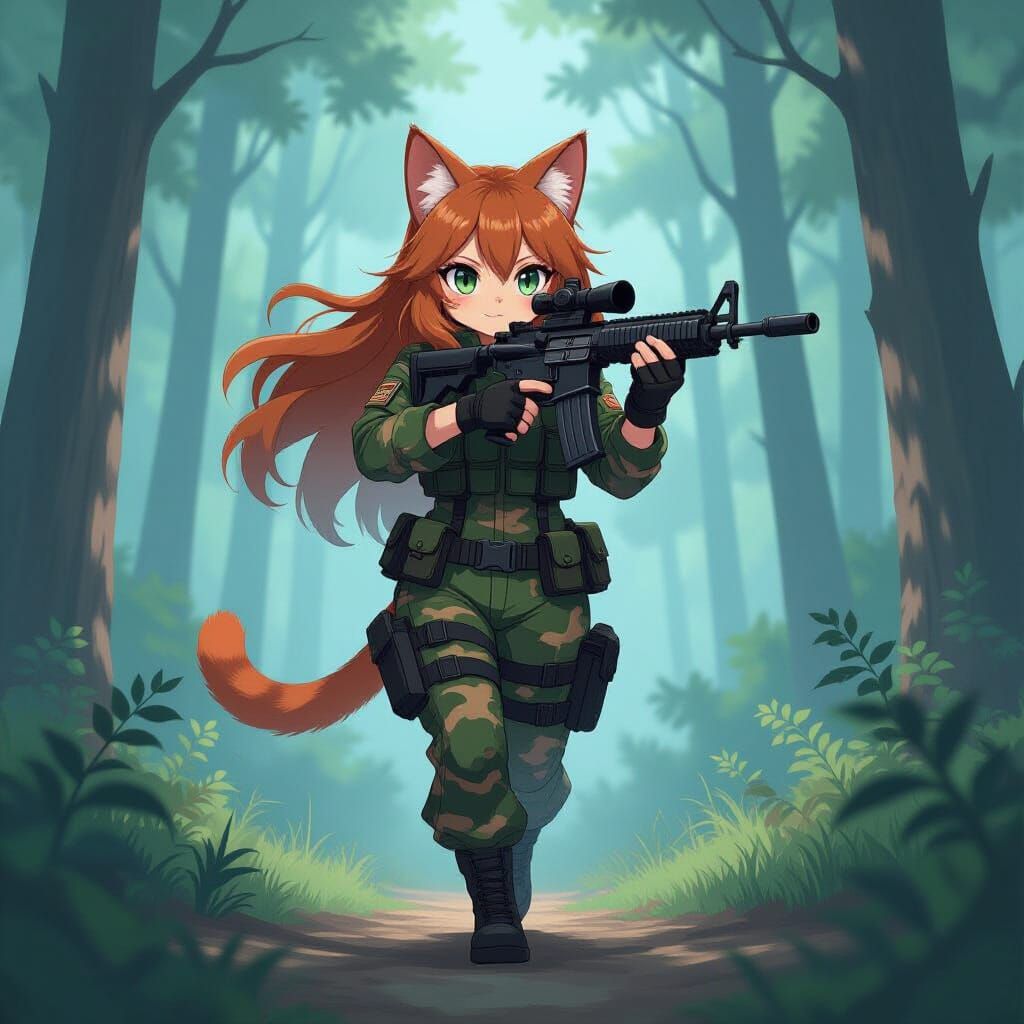 A chestnut-haired catgirl in a flecktarn jumpsuit