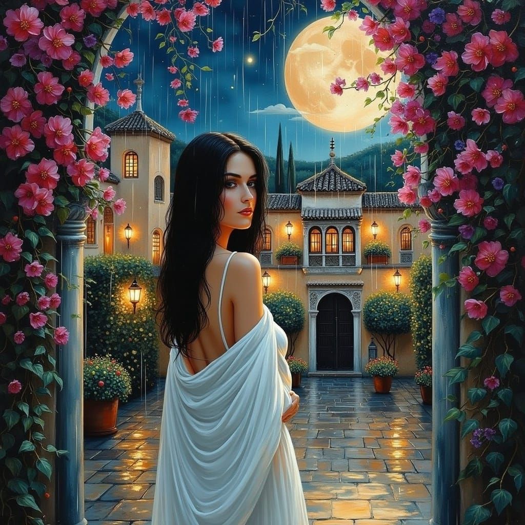 Elegant Dark-Haired Woman in Alhambra at Night, Oil Painting...